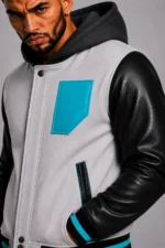 Shop White Hooded Varsity Jacket Black Leather Sleeves Teal Chest Patch