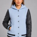 Sky Blue Charcoal Leather Hooded Womens Varsity Jacket Navy Rib