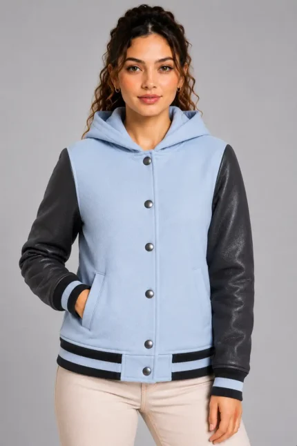 Sky Blue Charcoal Leather Hooded Womens Varsity Jacket Navy Rib
