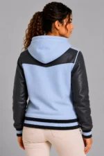 Sky Blue Charcoal Leather Hooded Womens Varsity Jacket Navy Rib For Sale