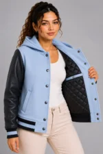 Sky Blue Charcoal Leather Hooded Womens Varsity Jacket Navy Rib On Sale