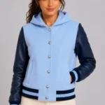 Sky Blue Navy Leather Hooded Womens Varsity Jacket Blue Rib