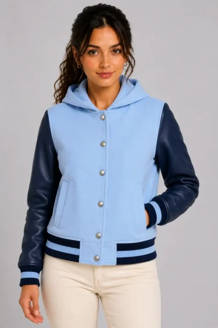 Sky Blue Navy Leather Hooded Womens Varsity Jacket Blue Rib