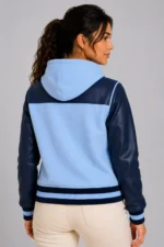 Sky Blue Navy Leather Hooded Womens Varsity Jacket Blue Rib For Sale