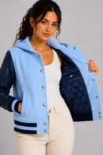 Sky Blue Navy Leather Hooded Womens Varsity Jacket Blue Rib On Sale