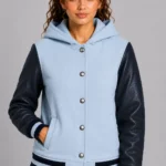 Sky Blue Navy Leather Hooded Womens Varsity Jacket White Rib
