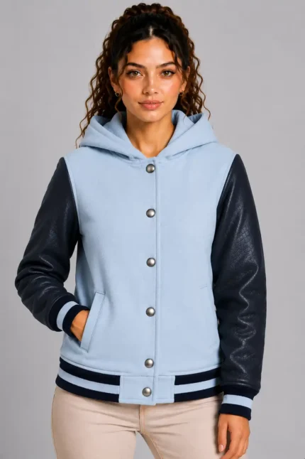 Sky Blue Navy Leather Hooded Womens Varsity Jacket White Rib