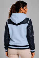 Sky Blue Navy Leather Hooded Womens Varsity Jacket White Rib For SALE