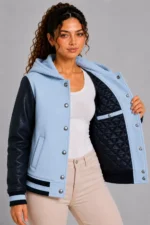 Sky Blue Navy Leather Hooded Womens Varsity Jacket White Rib On Sale