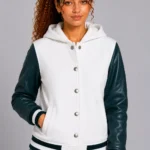 Snow White Dark Teal Leather Hooded Womens Varsity Jacket Rib
