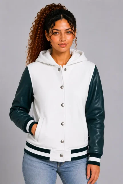 Snow White Dark Teal Leather Hooded Womens Varsity Jacket Rib