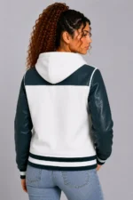 Snow White Dark Teal Leather Hooded Womens Varsity Jacket Rib For Sale
