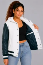 Snow White Dark Teal Leather Hooded Womens Varsity Jacket Rib On SALE