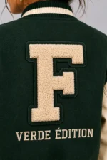 Verde Edition Embroidered Cropped Varsity Jacket Women Forest Green