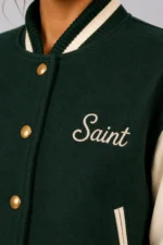 Verde Edition Embroidered Cropped Varsity Jacket Women Forest Green For Sale