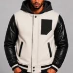 White Hooded Varsity Jacket Black Leather Sleeves Black Patch