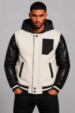White Hooded Varsity Jacket Black Leather Sleeves Black Patch