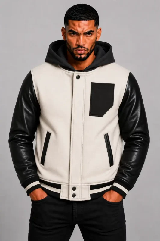 White Hooded Varsity Jacket Black Leather Sleeves Black Patch