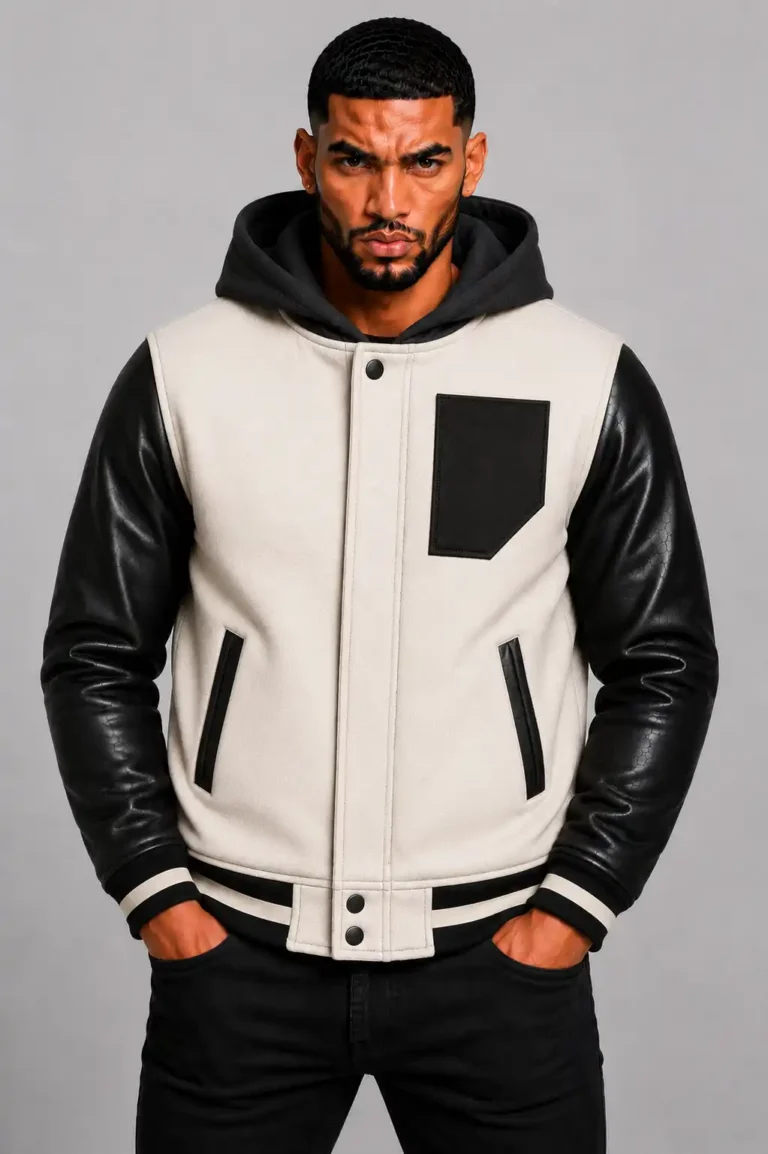 White Hooded Varsity Jacket Black Leather Sleeves Black Patch