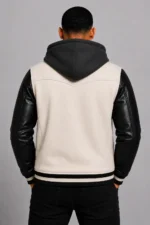 White Hooded Varsity Jacket Black Leather Sleeves Black Patch For Sale