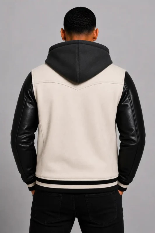 White Hooded Varsity Jacket Black Leather Sleeves Black Patch For Sale