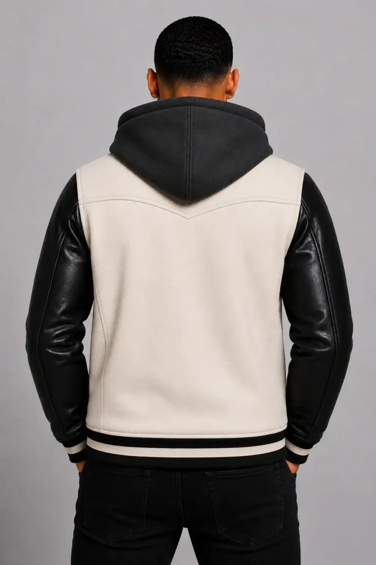 White Hooded Varsity Jacket Black Leather Sleeves Black Patch For Sale