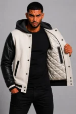 White Hooded Varsity Jacket Black Leather Sleeves Black Patch On Sale