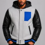White Hooded Varsity Jacket Black Leather Sleeves Blue Patch Hood