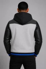White Hooded Varsity Jacket Black Leather Sleeves Blue Patch Hood For Sale