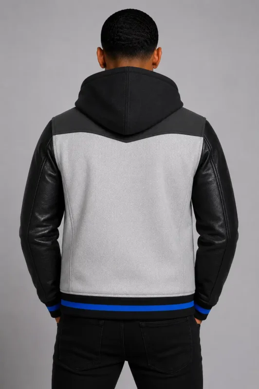 White Hooded Varsity Jacket Black Leather Sleeves Blue Patch Hood For Sale