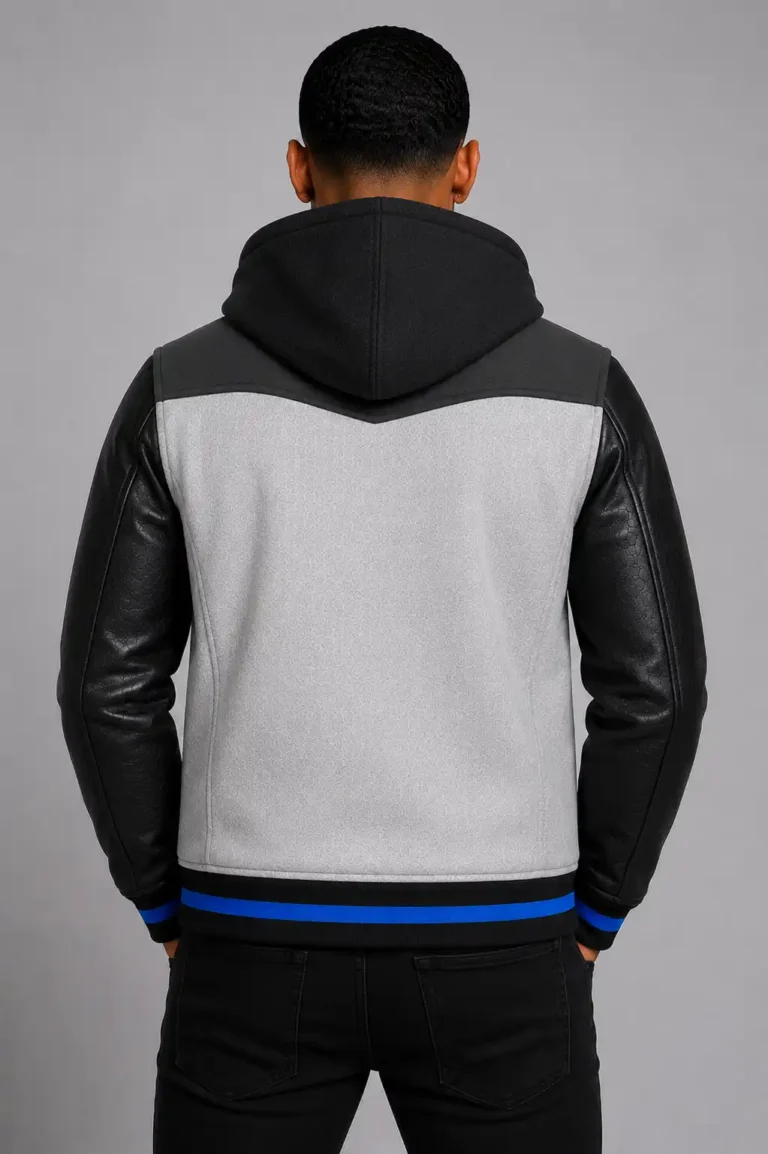 White Hooded Varsity Jacket Black Leather Sleeves Blue Patch Hood For Sale