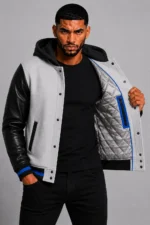 White Hooded Varsity Jacket Black Leather Sleeves Blue Patch Hood On Sale