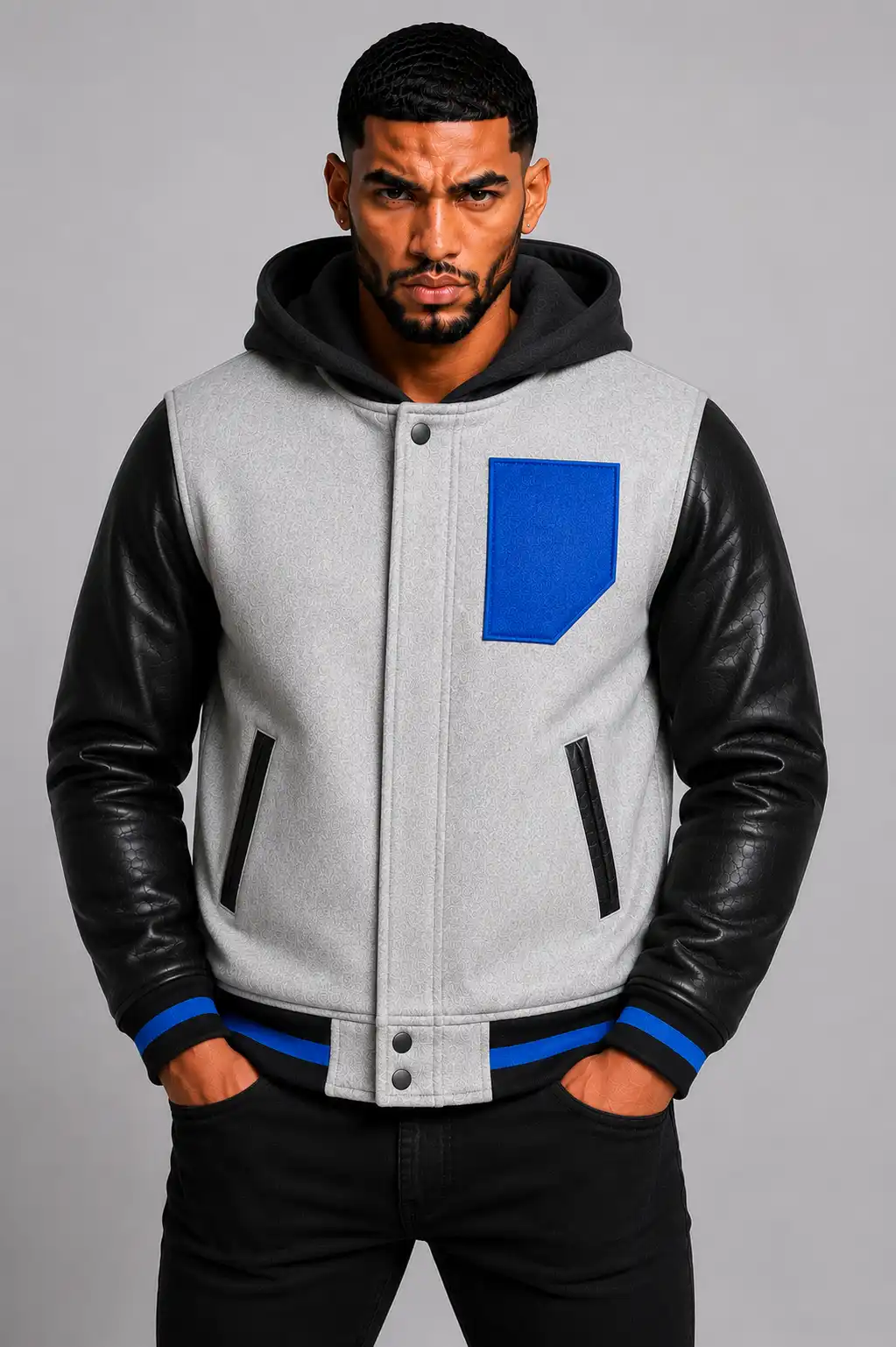 White Hooded Varsity Jacket Black Leather Sleeves Blue Patch Hood White Hooded Varsity Jacket Black Leather Sleeves Blue Patch Hood