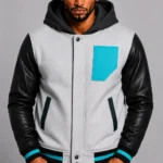 White Hooded Varsity Jacket Black Leather Sleeves Teal Chest Patch