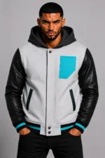 White Hooded Varsity Jacket Black Leather Sleeves Teal Chest Patch