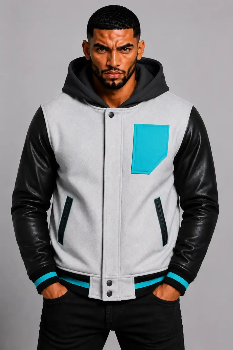 White Hooded Varsity Jacket Black Leather Sleeves Teal Chest Patch