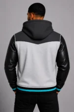 White Hooded Varsity Jacket Black Leather Sleeves Teal Chest Patch For Sale