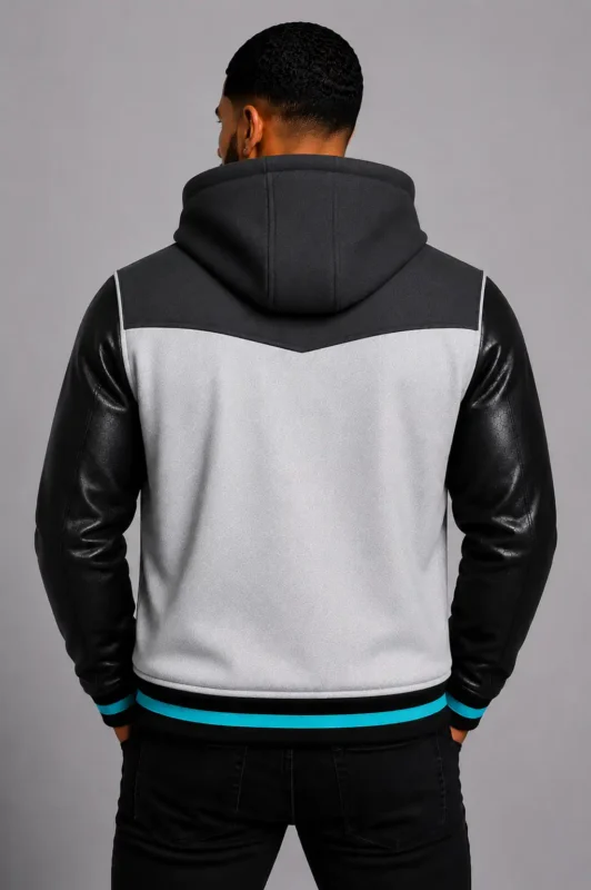 White Hooded Varsity Jacket Black Leather Sleeves Teal Chest Patch For Sale