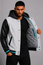 White Hooded Varsity Jacket Black Leather Sleeves Teal Chest Patch On Sale