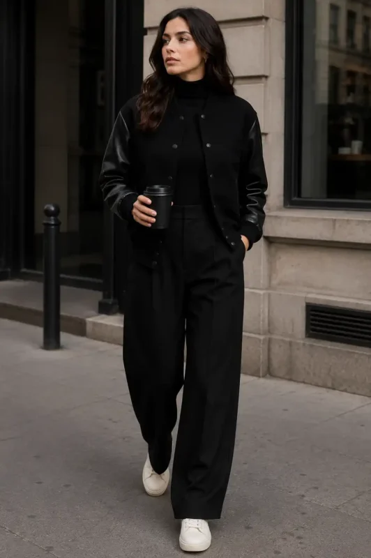 All-Black Monochrome Look Womens Varsity Jacket