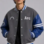 Arc Division Oversized Wool Blue Leather Sleeve Letterman Varsity Jacket