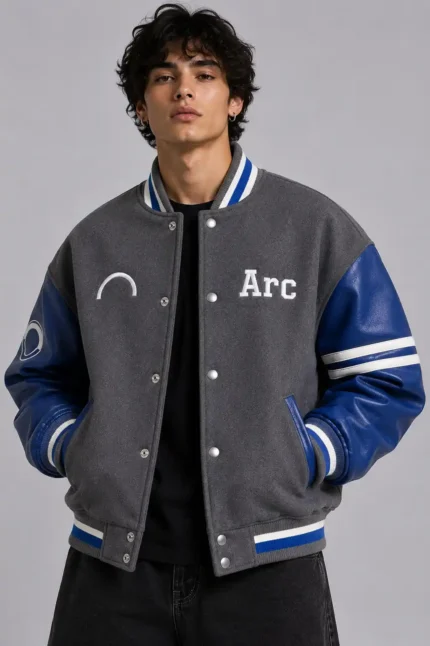Arc Division Oversized Wool Blue Leather Sleeve Letterman Varsity Jacket