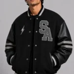 Athletics SA Black Wool Leather Oversized Letterman Varsity Jacket