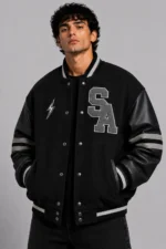 Athletics SA Black Wool Leather Oversized Letterman Varsity Jacket