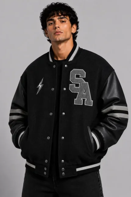 Athletics SA Black Wool Leather Oversized Letterman Varsity Jacket