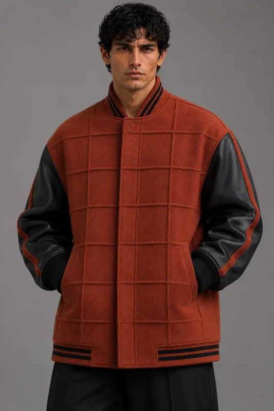 Black Wool Leather Oversized Letterman Varsity Jacket
