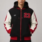 Black Wool White Leather Hooded Letterman Varsity Jacket Red Stripes