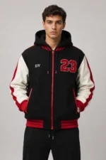 Black Wool White Leather Hooded Letterman Varsity Jacket Red Stripes