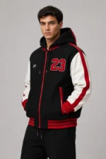 Black Wool White Leather Hooded Letterman Varsity Jacket Red Stripes For Men