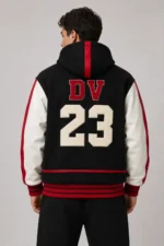 Black Wool White Leather Hooded Letterman Varsity Jacket Red Stripes For Sale